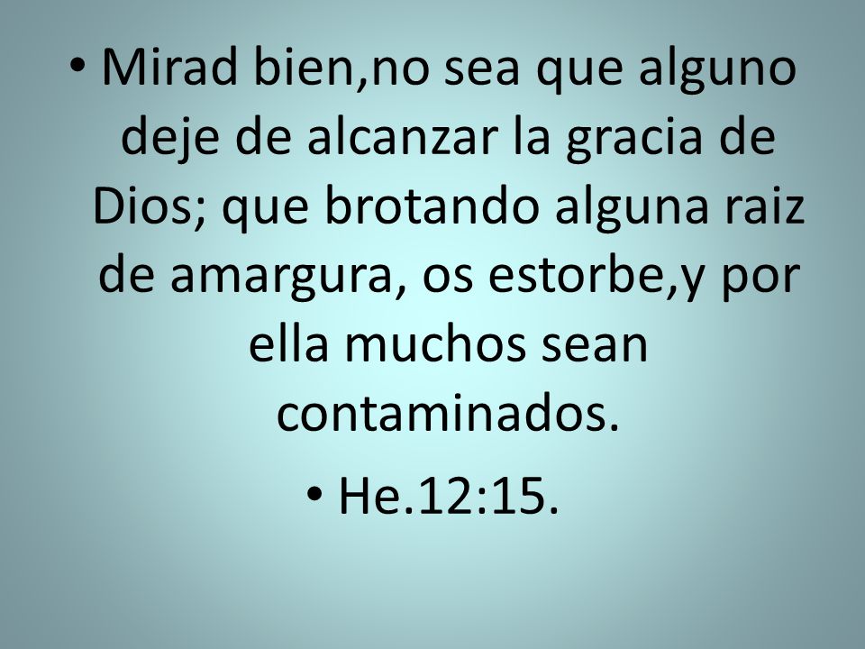 Mirad bien,no sea que alguno deje de alcanzar la gracia de Dios; que brotando alguna raiz de amargura, os estorbe,y por ella muchos sean contaminados.