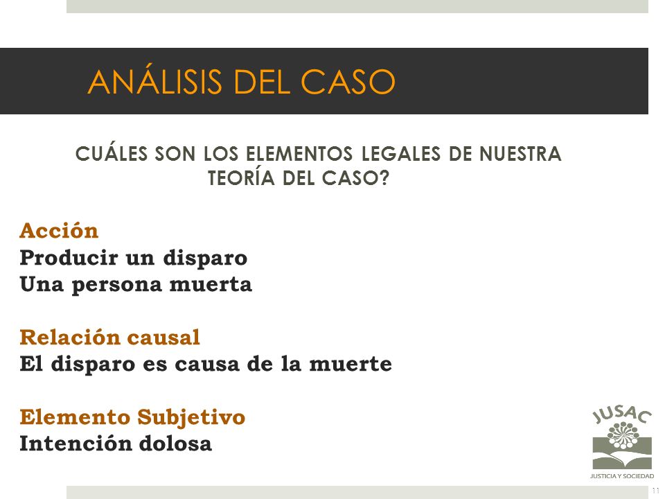 ANÁLISIS DEL CASO Acción Producir un disparo Una persona muerta