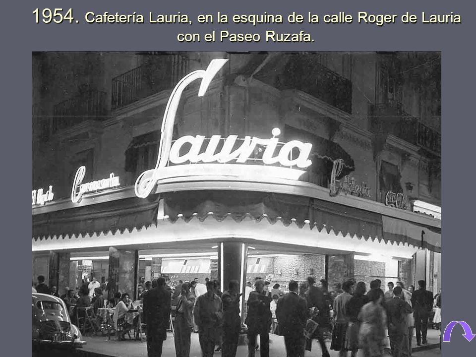 1954. Cafetería Lauria, en la esquina de la calle Roger de Lauria con el Paseo Ruzafa.