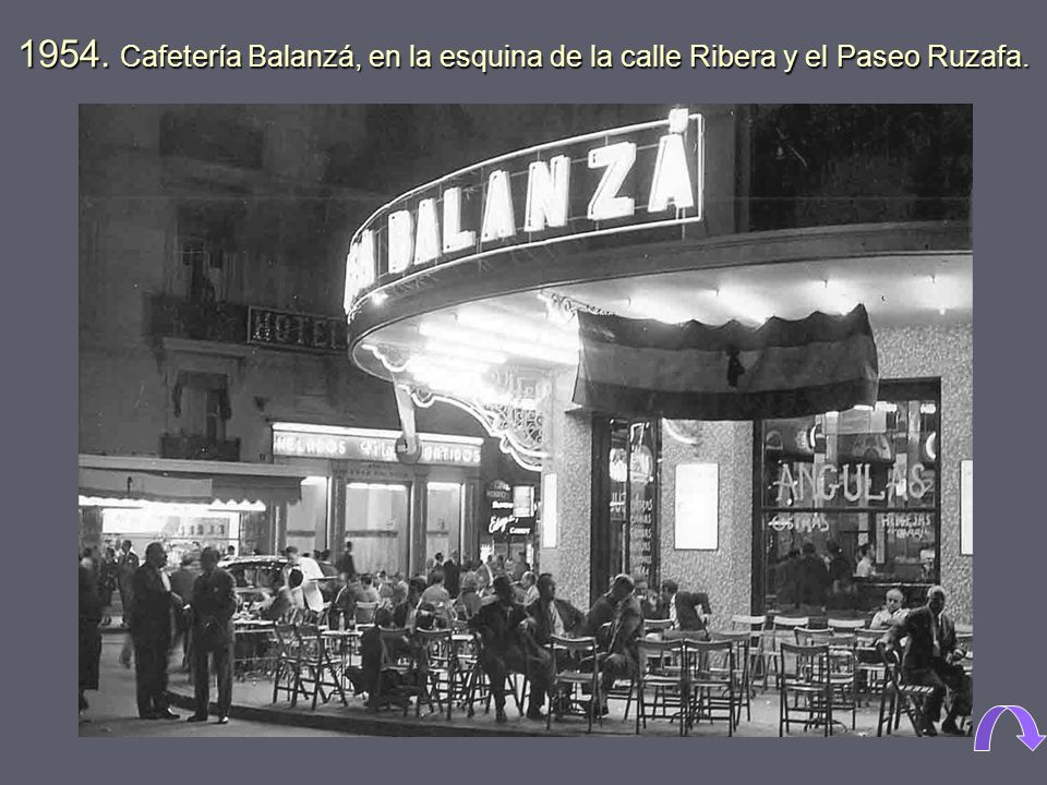 1954. Cafetería Balanzá, en la esquina de la calle Ribera y el Paseo Ruzafa.