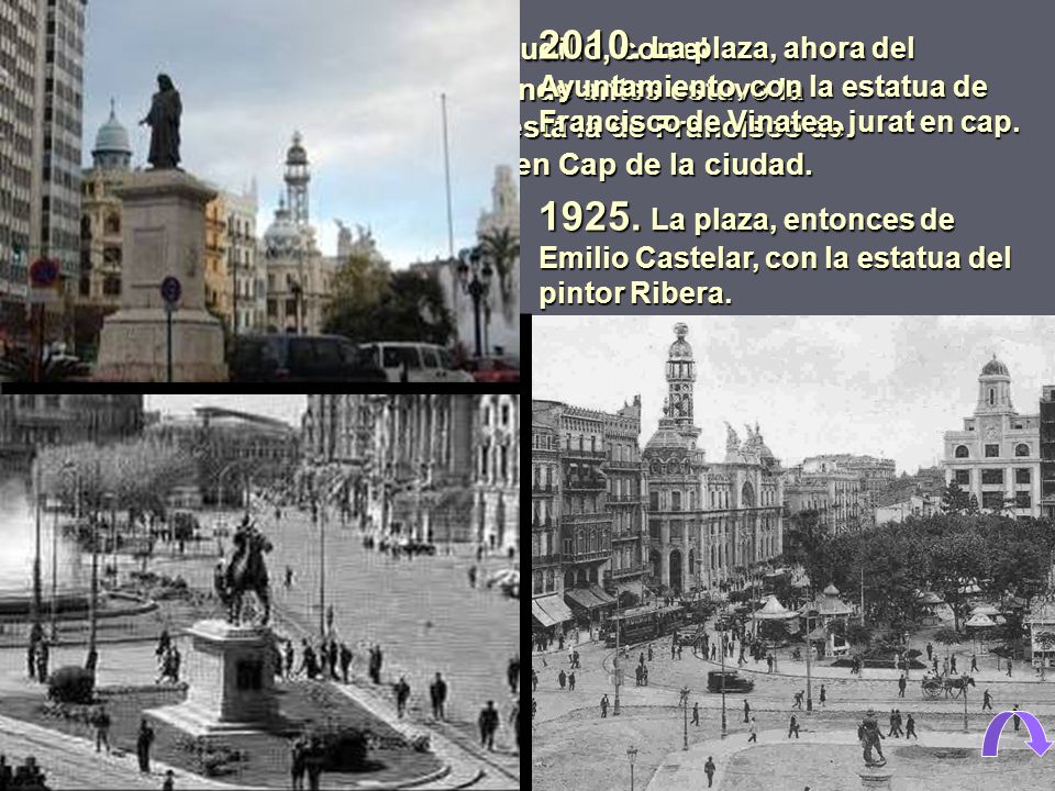 1964. La plaza, entonces del Caudillo, con el monumento al General Franco, donde antes estuvo la estatua del pintor Ribera y ahora está la de Francisco de Vinatea ( ) que fue Jurat en Cap de la ciudad.