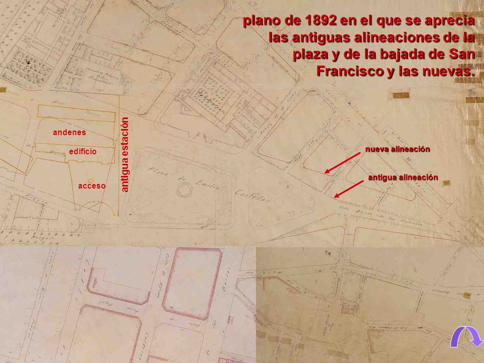 plano de 1892 en el que se aprecia las antiguas alineaciones de la plaza y de la bajada de San Francisco y las nuevas.