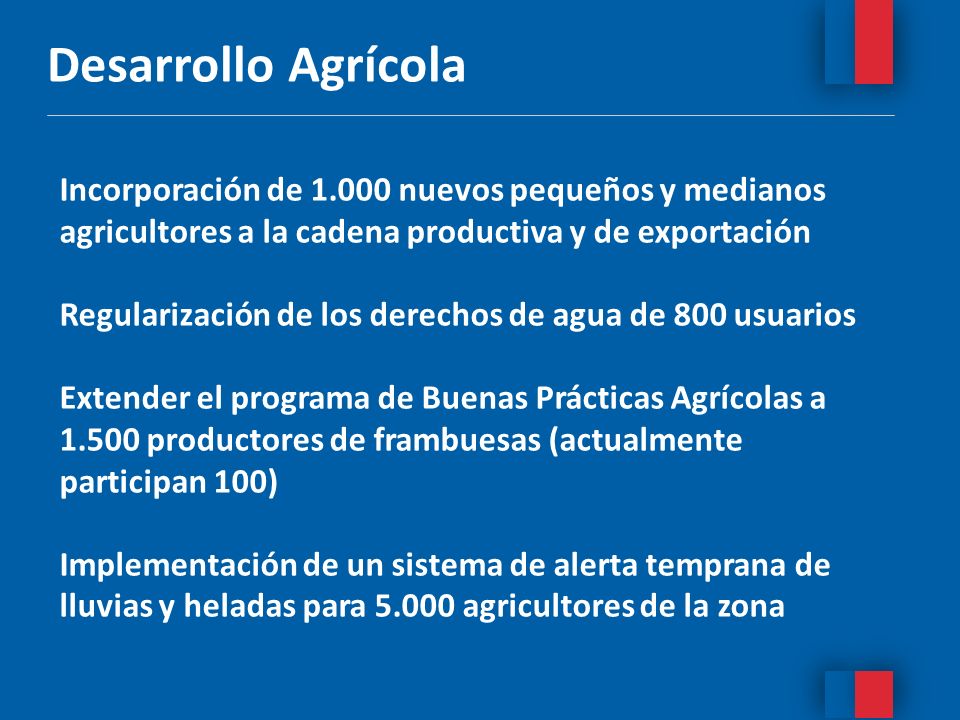 Desarrollo Agrícola Incorporación de nuevos pequeños y medianos agricultores a la cadena productiva y de exportación.