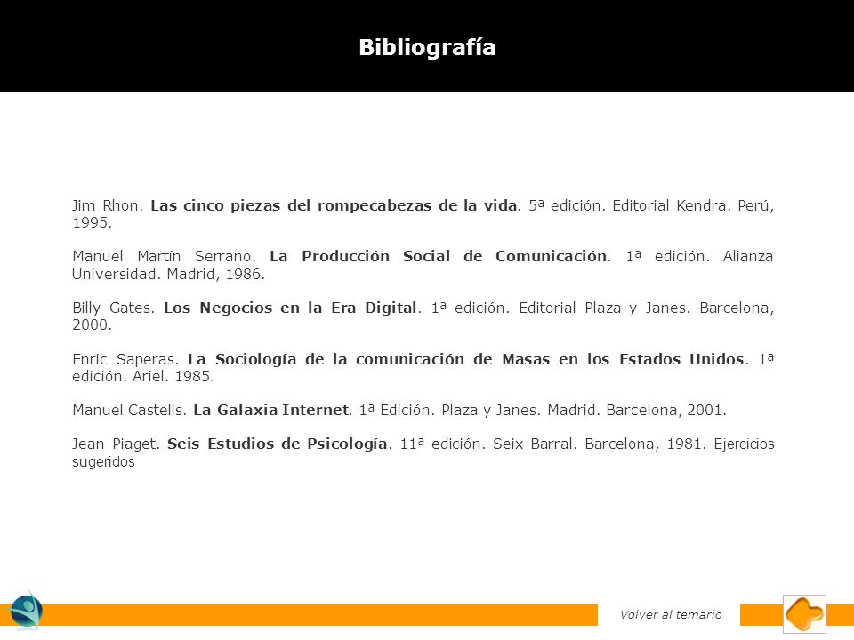 Bibliografía Jim Rhon. Las cinco piezas del rompecabezas de la vida. 5ª edición. Editorial Kendra. Perú,