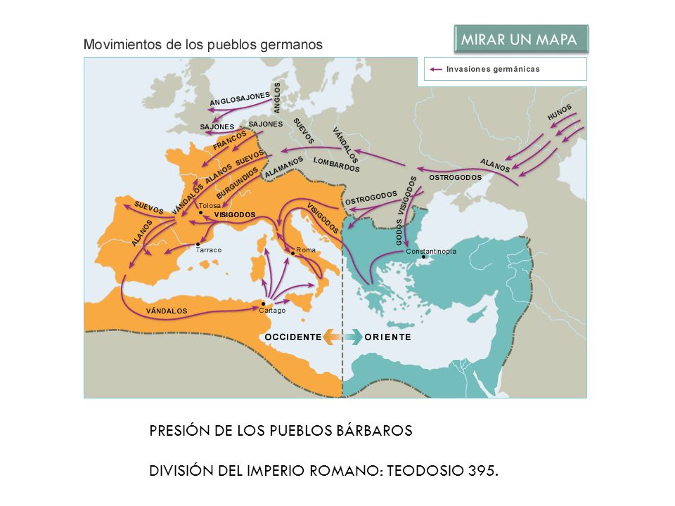 MIRAR UN MAPA PRESIÓN DE LOS PUEBLOS BÁRBAROS DIVISIÓN DEL IMPERIO ROMANO: TEODOSIO 395.