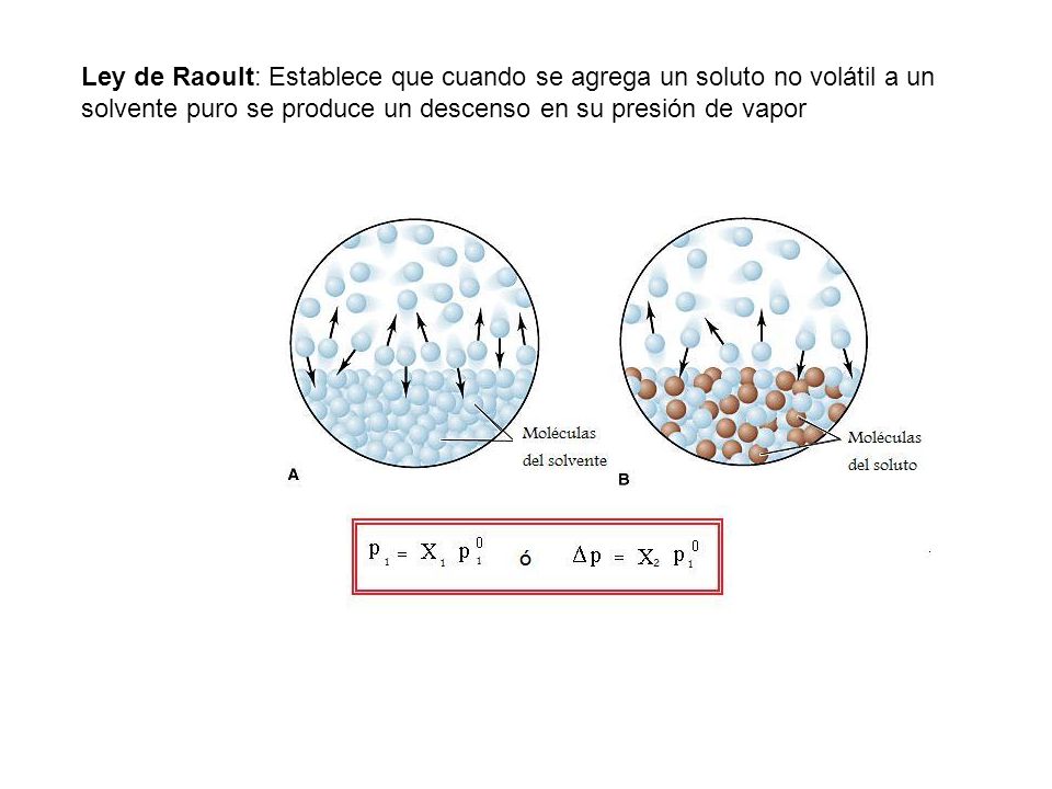 Ley de Raoult: Establece que cuando se agrega un soluto no volátil a un solvente puro se produce un descenso en su presión de vapor