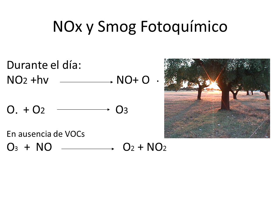 NOx y Smog Fotoquímico Durante el día: NO2 +hv NO+ O . O + O2 O3