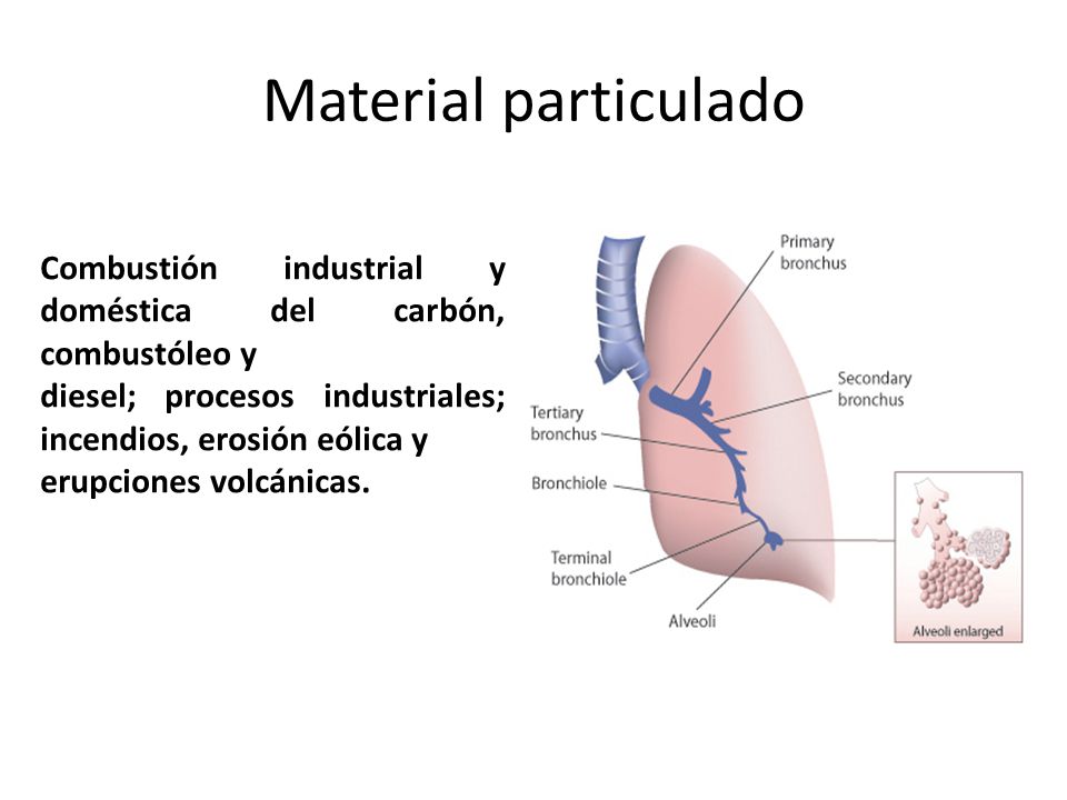 Material particulado Combustión industrial y doméstica del carbón, combustóleo y. diesel; procesos industriales; incendios, erosión eólica y.