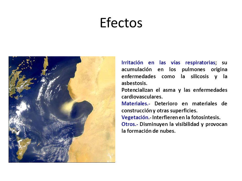 Efectos Irritación en las vías respiratorias; su acumulación en los pulmones origina enfermedades como la silicosis y la asbestosis.