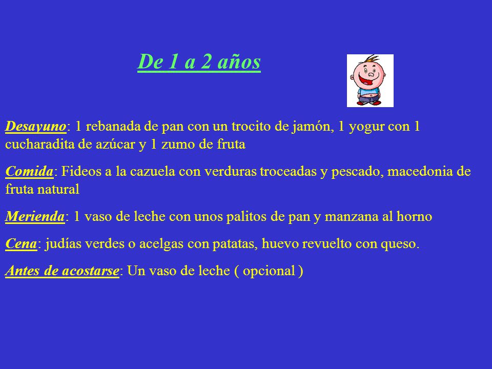 De 1 a 2 años Desayuno: 1 rebanada de pan con un trocito de jamón, 1 yogur con 1 cucharadita de azúcar y 1 zumo de fruta.
