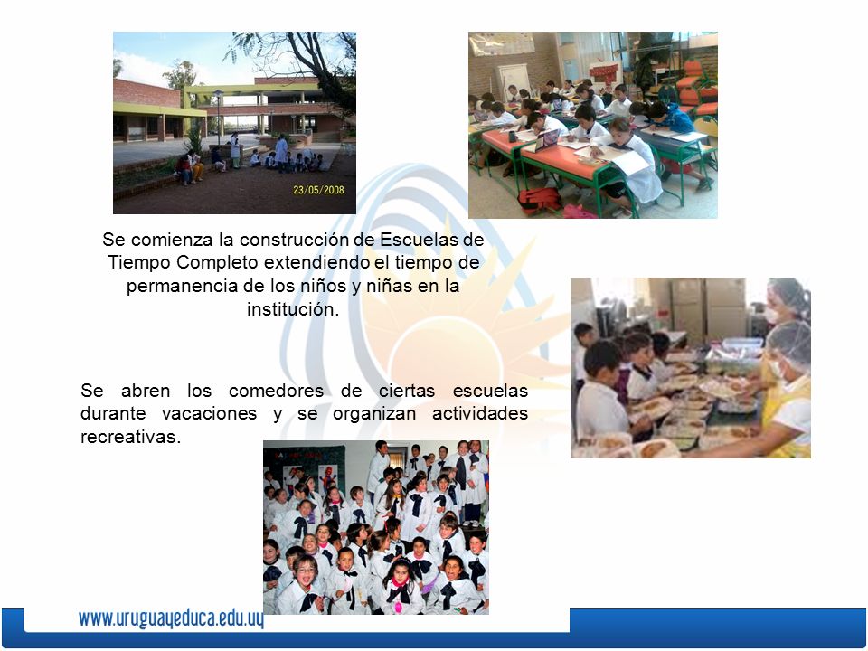 Se comienza la construcción de Escuelas de Tiempo Completo extendiendo el tiempo de permanencia de los niños y niñas en la institución.