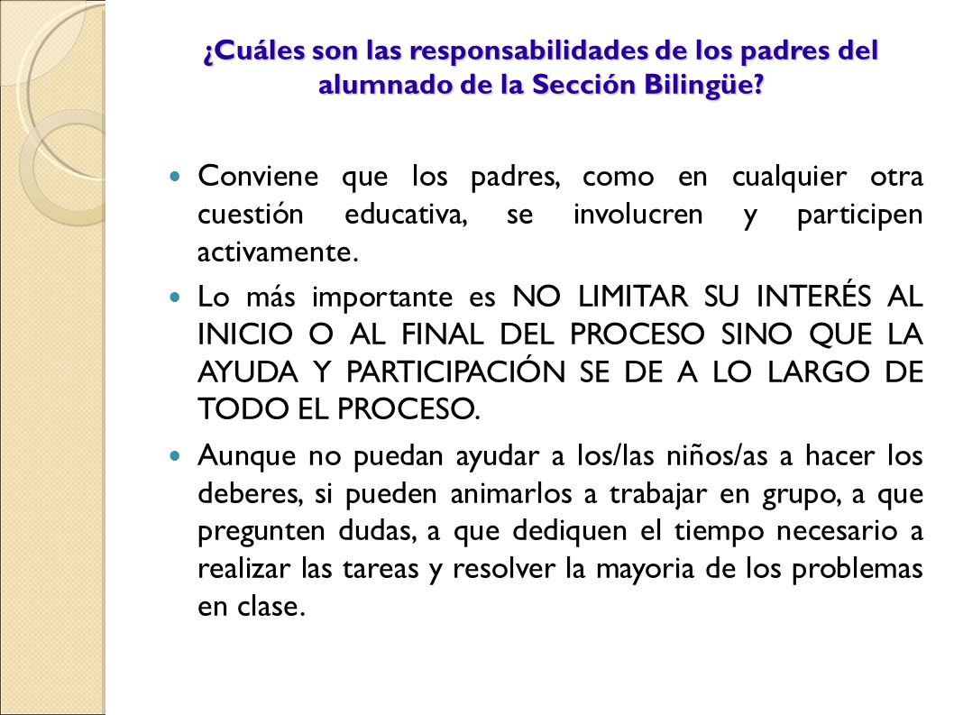 ¿Cuáles son las responsabilidades de los padres del alumnado de la Sección Bilingüe