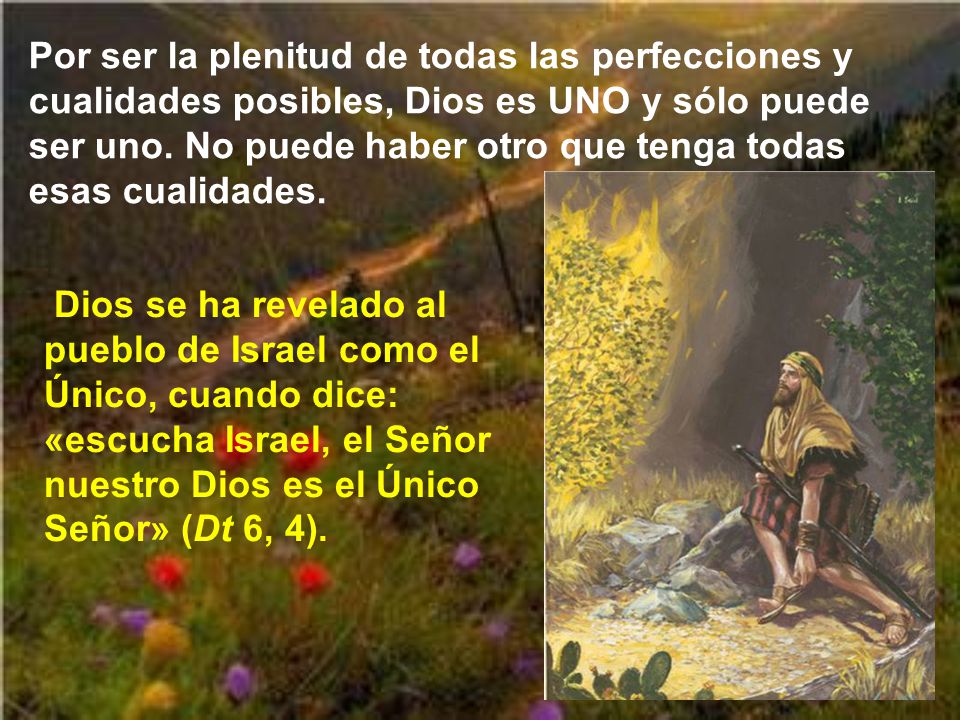 Por ser la plenitud de todas las perfecciones y cualidades posibles, Dios es UNO y sólo puede ser uno. No puede haber otro que tenga todas esas cualidades.
