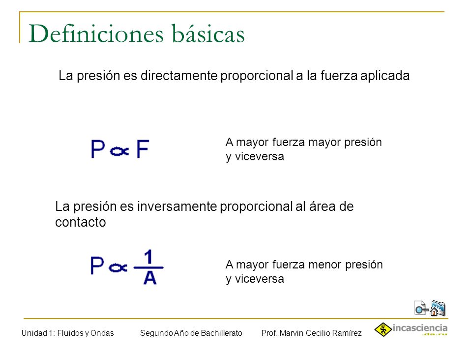 Definiciones básicas La presión es directamente proporcional a la fuerza aplicada. A mayor fuerza mayor presión y viceversa.