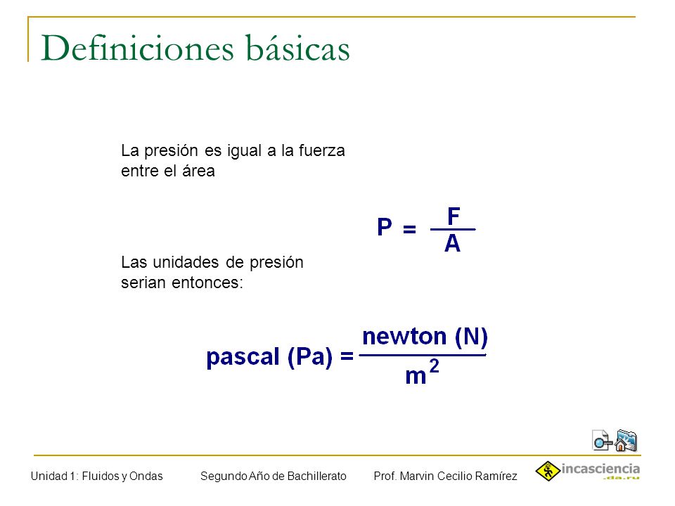 Definiciones básicas La presión es igual a la fuerza entre el área