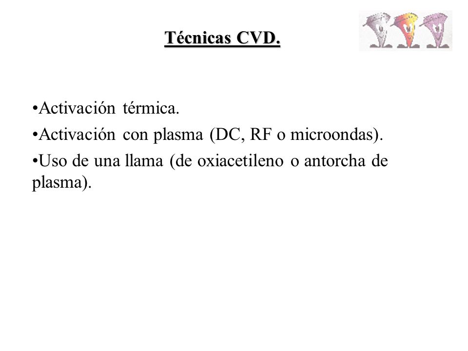 Técnicas CVD. Activación térmica. Activación con plasma (DC, RF o microondas).