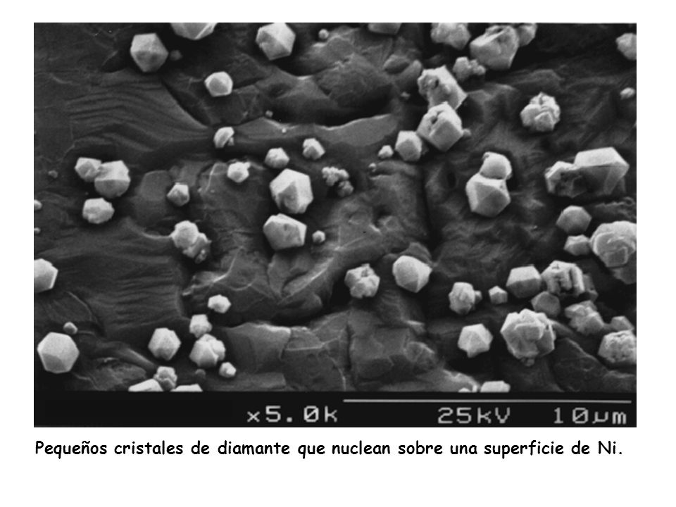 Pequeños cristales de diamante que nuclean sobre una superficie de Ni.