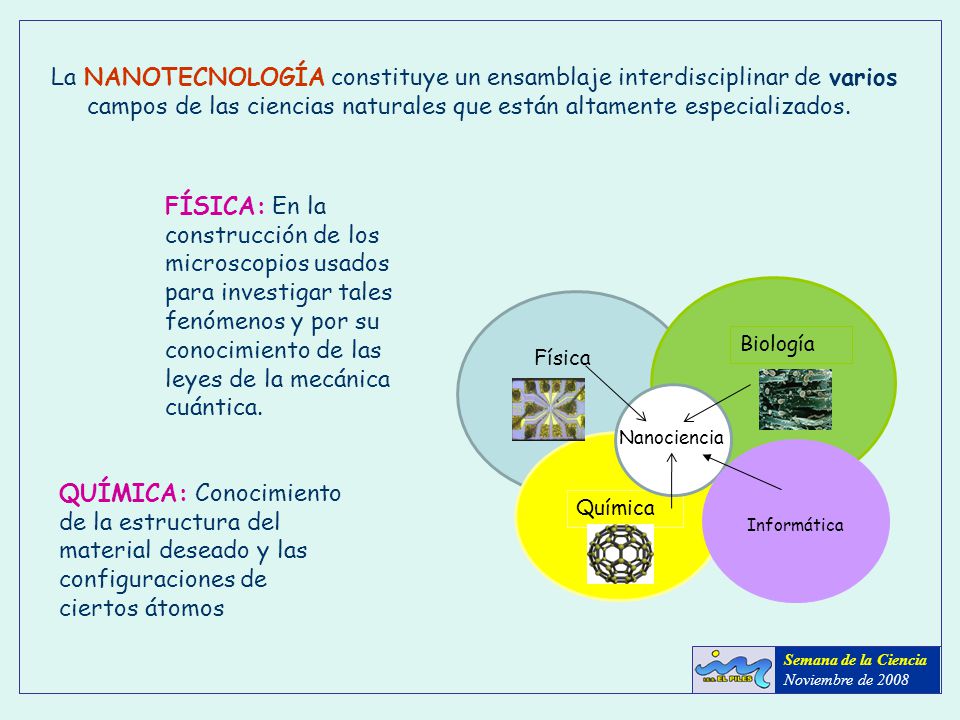 La NANOTECNOLOGÍA constituye un ensamblaje interdisciplinar de varios campos de las ciencias naturales que están altamente especializados.