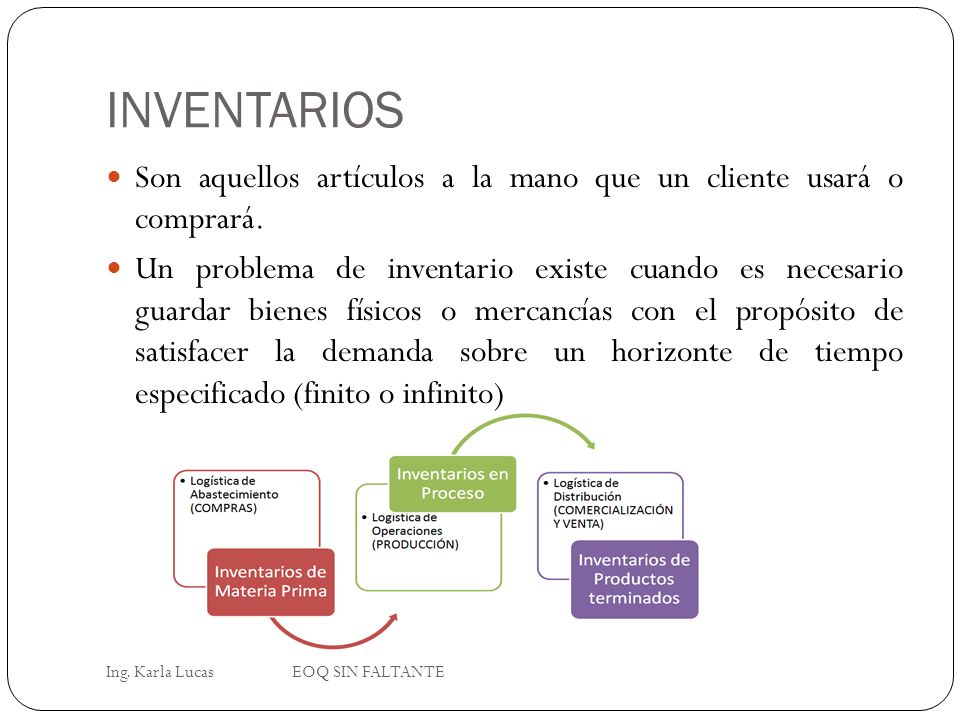 INVENTARIOS Son aquellos artículos a la mano que un cliente usará o comprará.