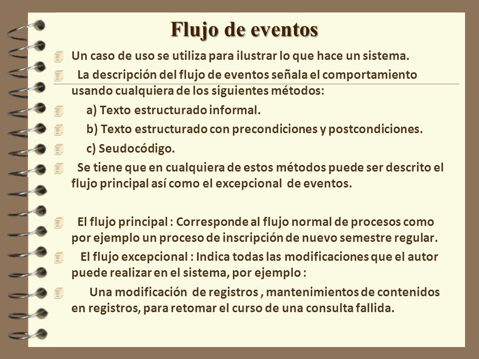 Flujo de eventos Un caso de uso se utiliza para ilustrar lo que hace un sistema.