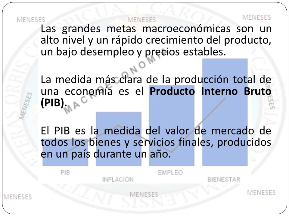 Las grandes metas macroeconómicas son un alto nivel y un rápido crecimiento del producto, un bajo desempleo y precios estables.