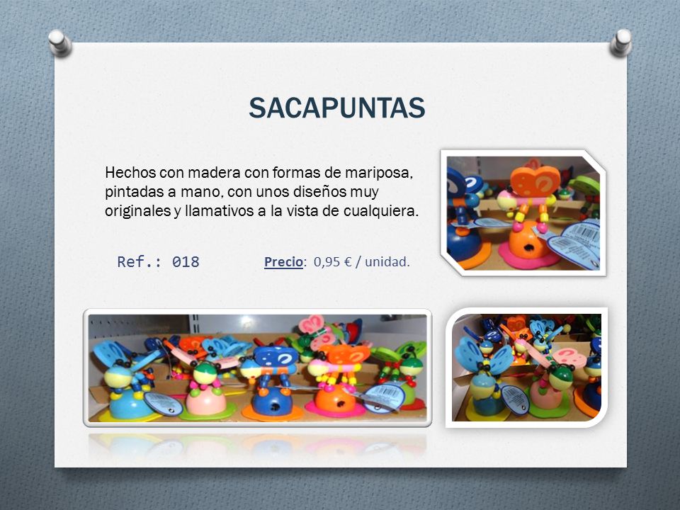 SACAPUNTAS Hechos con madera con formas de mariposa, pintadas a mano, con unos diseños muy originales y llamativos a la vista de cualquiera.