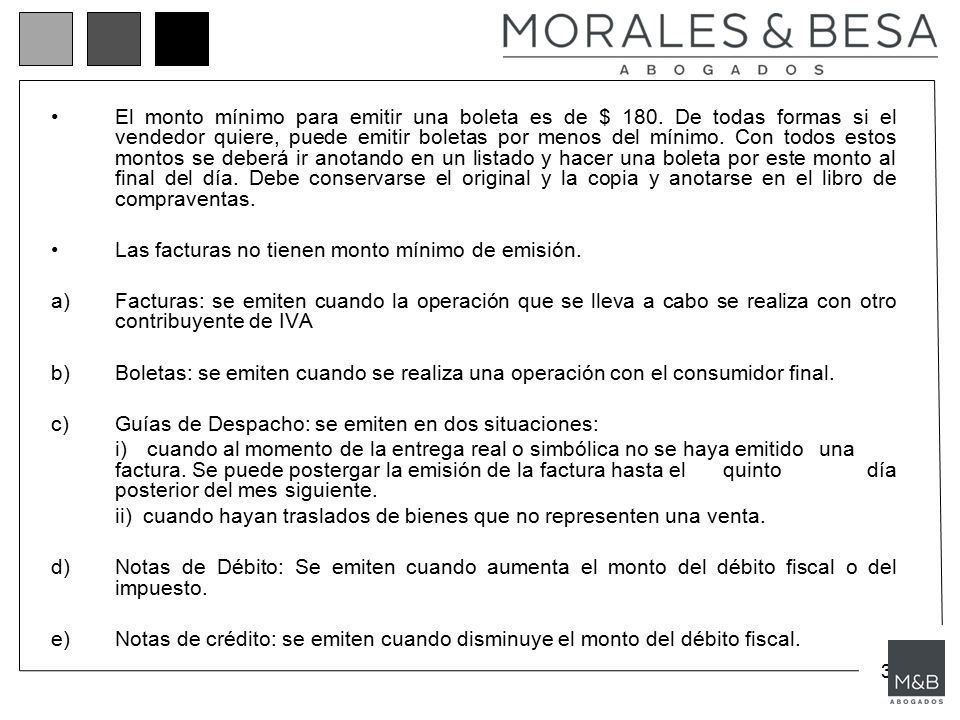 El monto mínimo para emitir una boleta es de $ 180