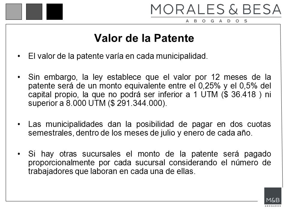 Valor de la Patente El valor de la patente varía en cada municipalidad.