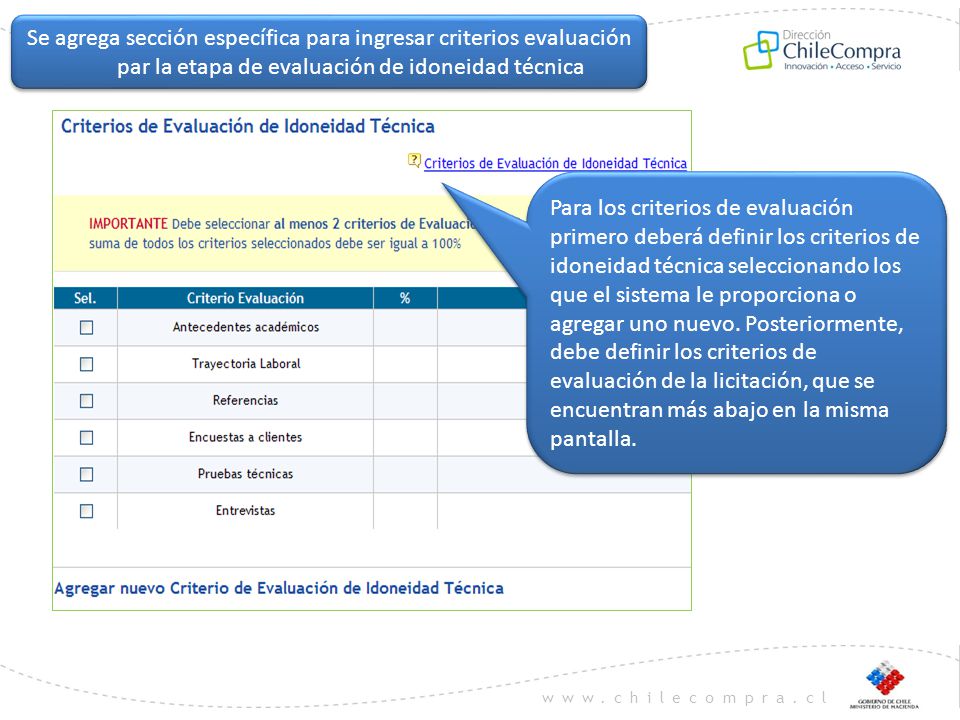 Se agrega sección específica para ingresar criterios evaluación par la etapa de evaluación de idoneidad técnica