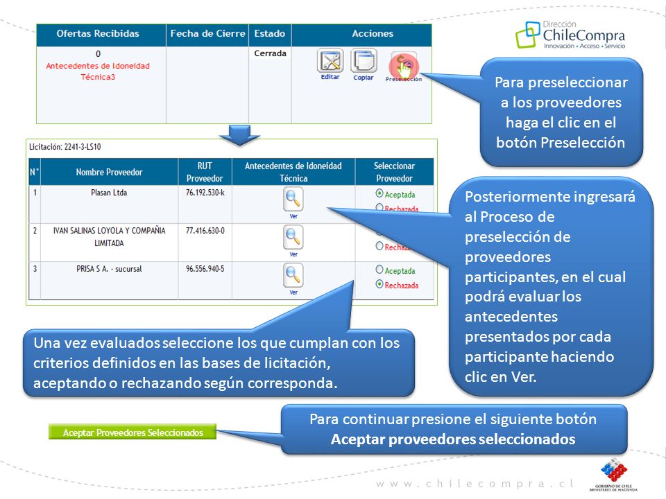 Para preseleccionar a los proveedores haga el clic en el botón Preselección