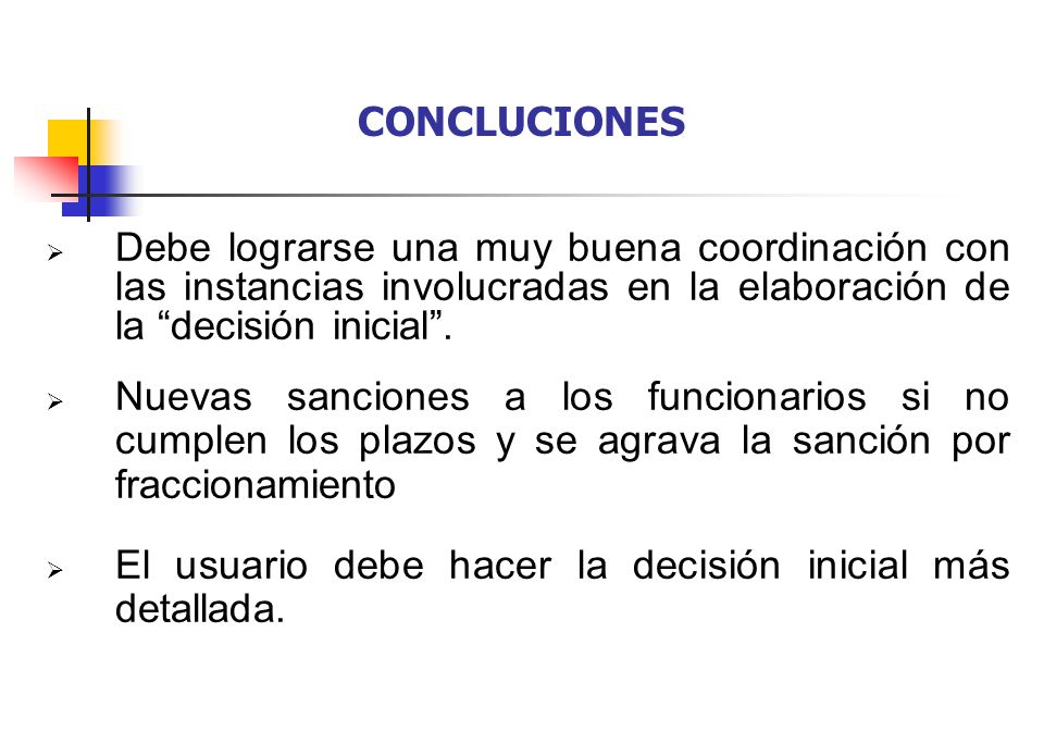 CONCLUCIONES Debe lograrse una muy buena coordinación con las instancias involucradas en la elaboración de la decisión inicial .