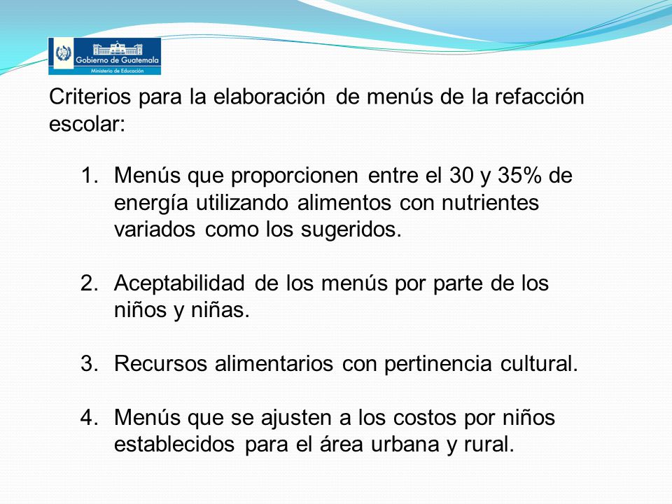 Criterios para la elaboración de menús de la refacción escolar: