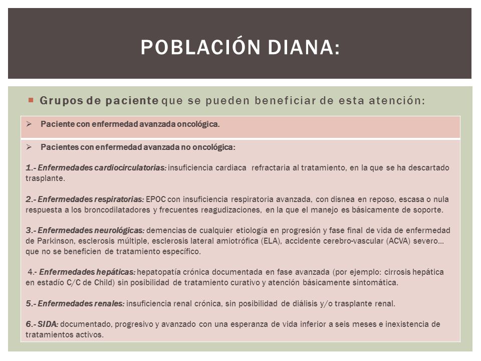 Población diana: Grupos de paciente que se pueden beneficiar de esta atención: Paciente con enfermedad avanzada oncológica.