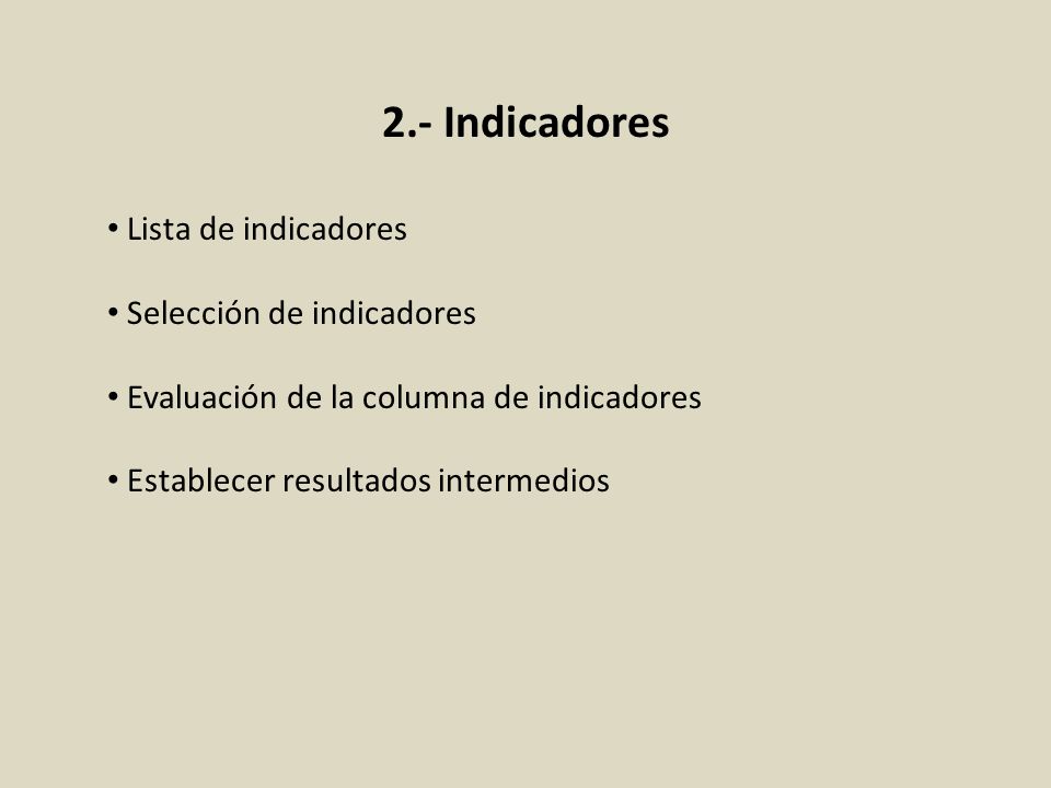 2.- Indicadores Lista de indicadores Selección de indicadores