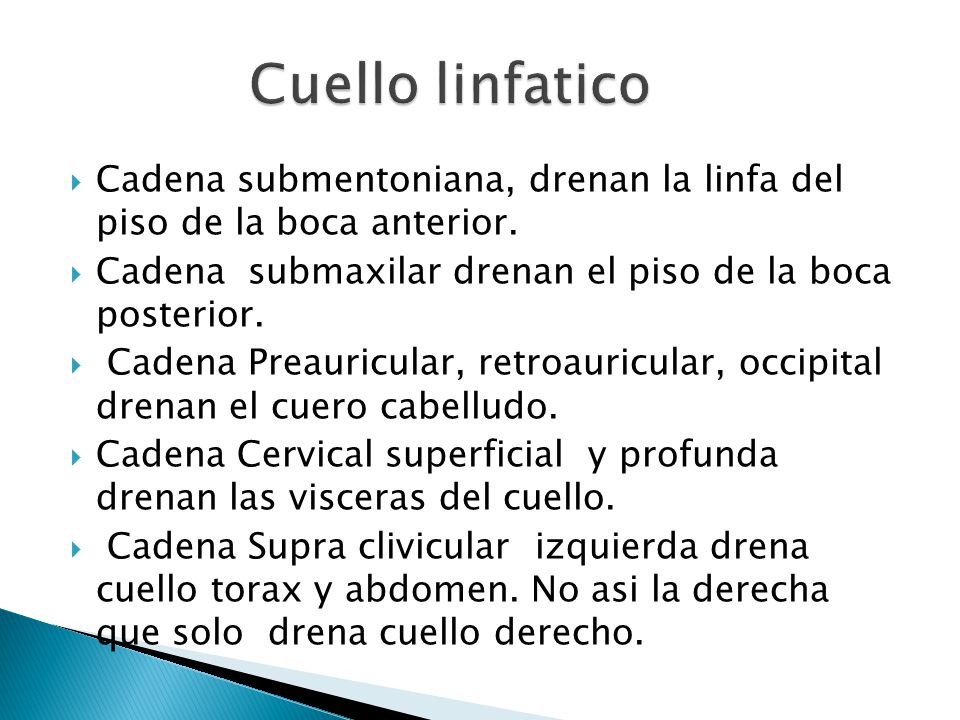 Cuello linfatico Cadena submentoniana, drenan la linfa del piso de la boca anterior. Cadena submaxilar drenan el piso de la boca posterior.