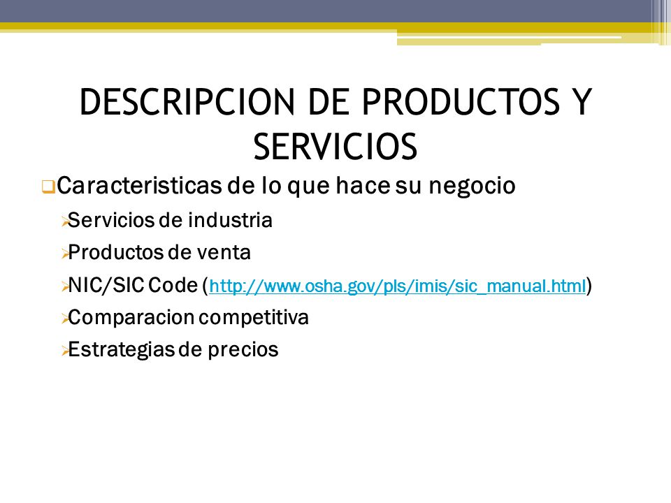 DESCRIPCION DE PRODUCTOS Y SERVICIOS