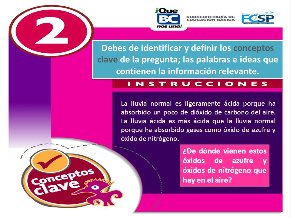 Debes de identificar y definir los conceptos clave de la pregunta; las palabras e ideas que contienen la información relevante.