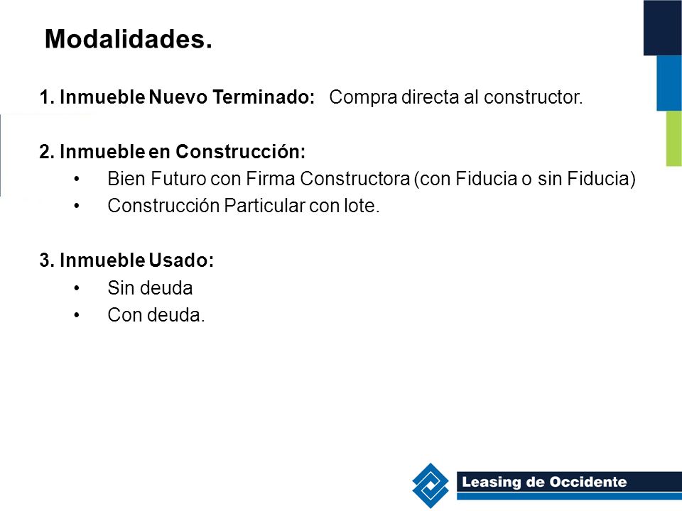 Modalidades. 1. Inmueble Nuevo Terminado: Compra directa al constructor. 2. Inmueble en Construcción: