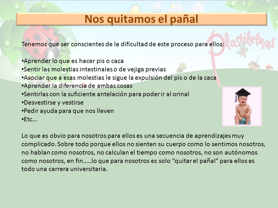 Nos quitamos el pañal Tenemos que ser conscientes de la dificultad de este proceso para ellos: Aprender lo que es hacer pis o caca.