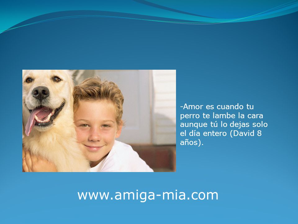 -Amor es cuando tu perro te lambe la cara aunque tú lo dejas solo el día entero (David 8 años).