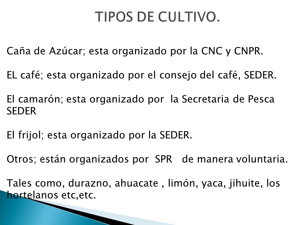 TIPOS DE CULTIVO. Caña de Azúcar; esta organizado por la CNC y CNPR.