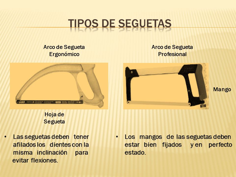Tipos de seguetas Arco de Segueta. Ergonómico. Arco de Segueta. Profesional. Mango. Hoja de. Segueta.