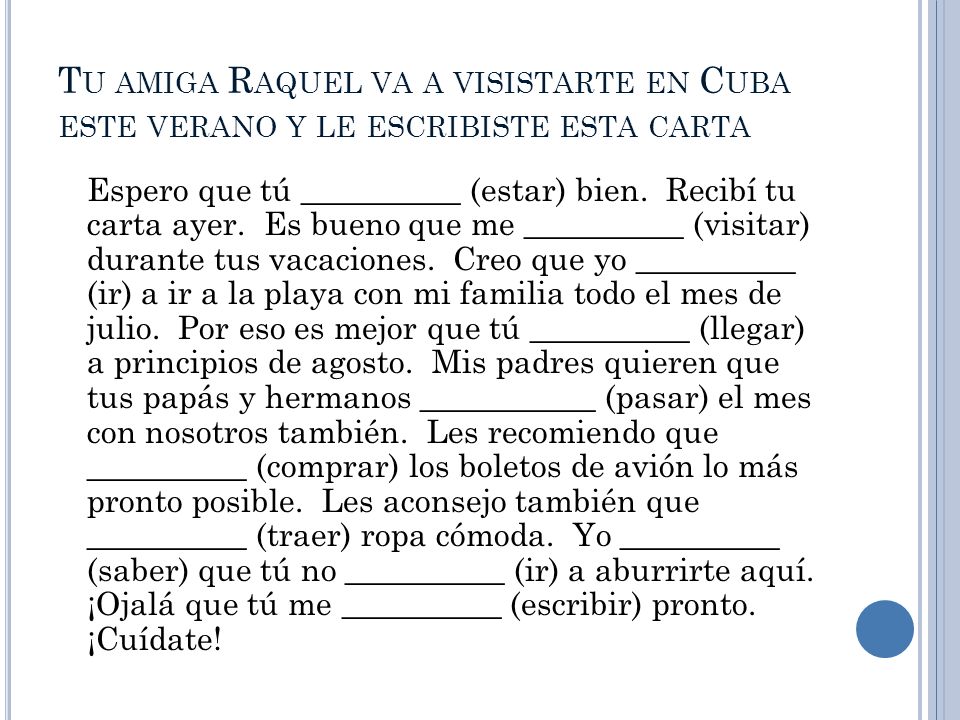 Tu amiga Raquel va a visistarte en Cuba este verano y le escribiste esta carta