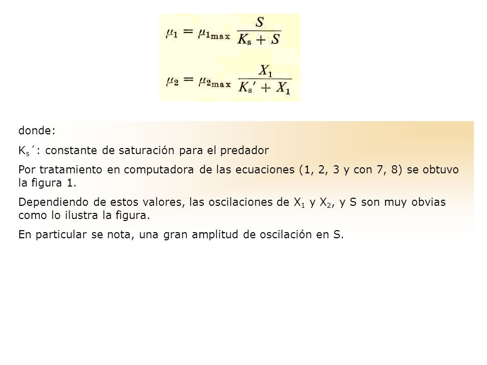 donde: Ks´: constante de saturación para el predador. Por tratamiento en computadora de las ecuaciones (1, 2, 3 y con 7, 8) se obtuvo la figura 1.