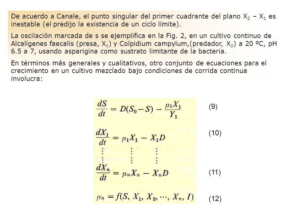 De acuerdo a Canale, el punto singular del primer cuadrante del plano X2 – X1 es inestable (el predijo la existencia de un ciclo límite).