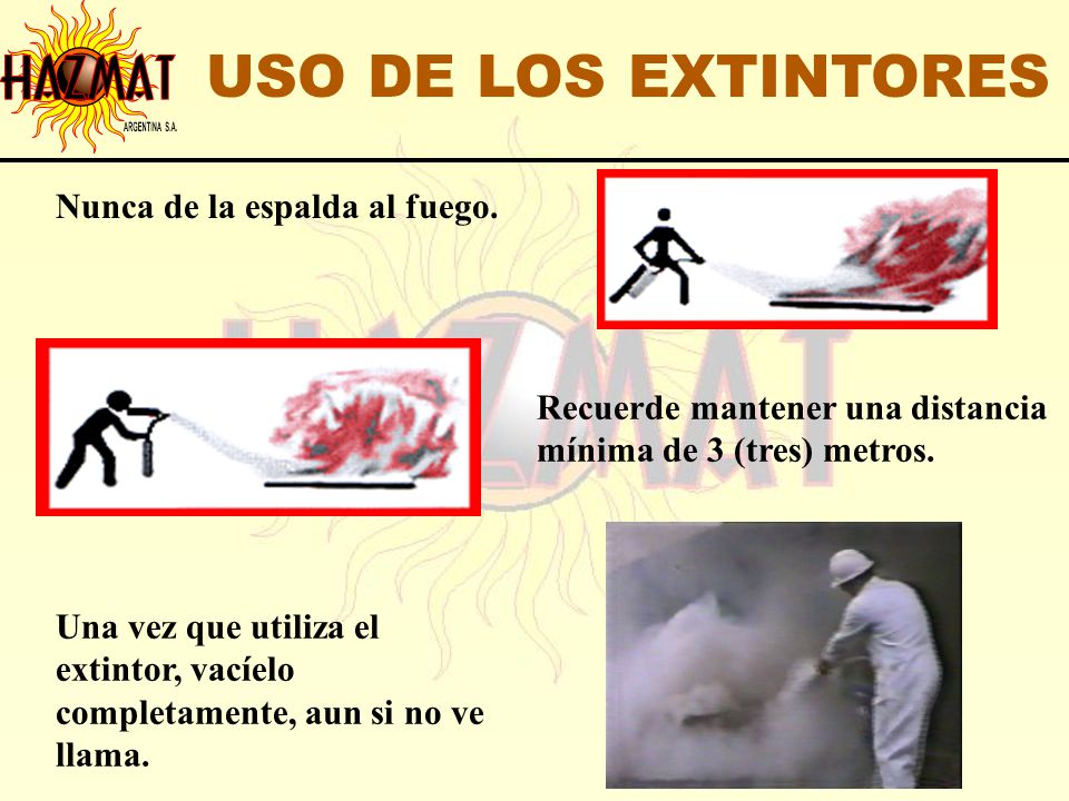 USO DE LOS EXTINTORES Nunca de la espalda al fuego.