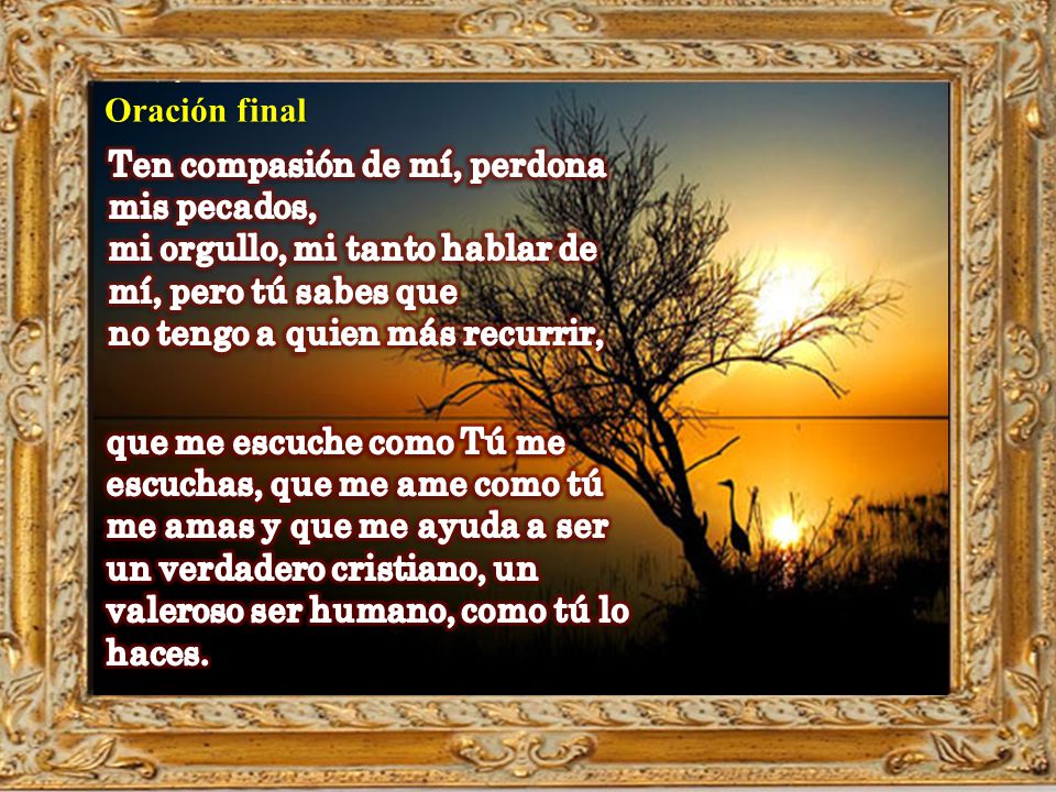 Oración final Ten compasión de mí, perdona mis pecados, mi orgullo, mi tanto hablar de mí, pero tú sabes que no tengo a quien más recurrir,