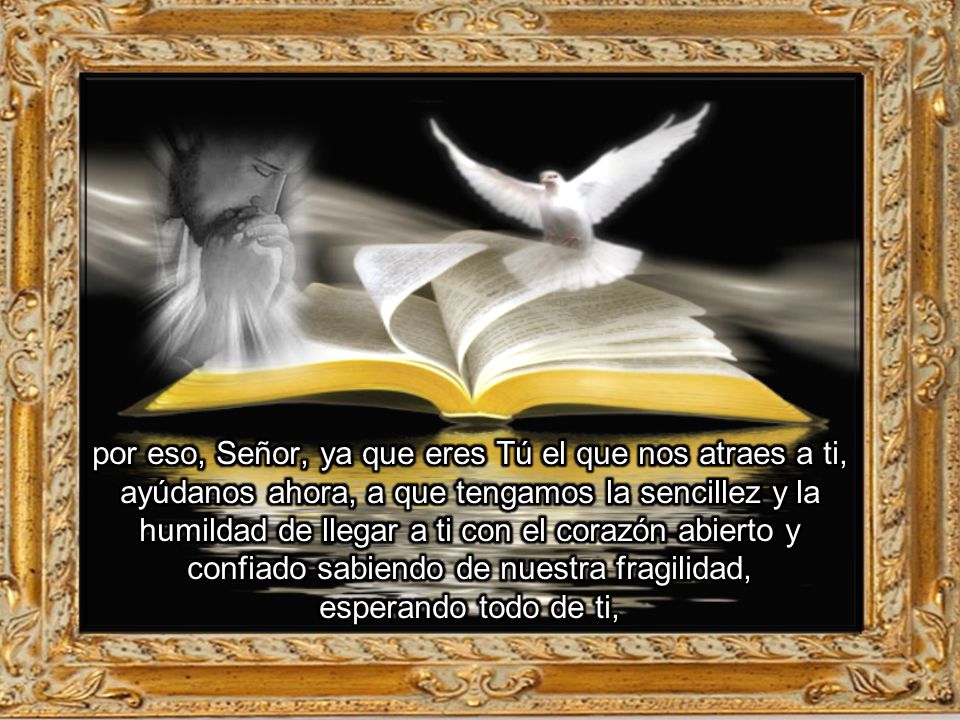 por eso, Señor, ya que eres Tú el que nos atraes a ti, ayúdanos ahora, a que tengamos la sencillez y la humildad de llegar a ti con el corazón abierto y confiado sabiendo de nuestra fragilidad, esperando todo de ti,