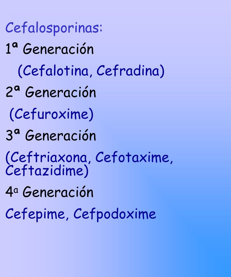 Cefalosporinas: 1ª Generación. (Cefalotina, Cefradina) 2ª Generación. (Cefuroxime) 3ª Generación.