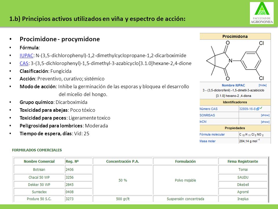 1.b) Principios activos utilizados en viña y espectro de acción: